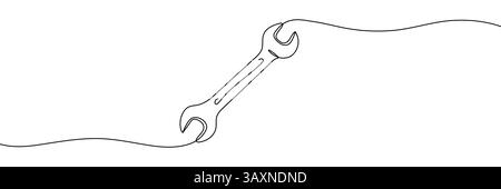Disegno continuo della chiave. Una linea di chiave meccanica. Concetto di strumento di lavoro arte in linea continua. Contorno modificabile. Illustrazione Vettoriale