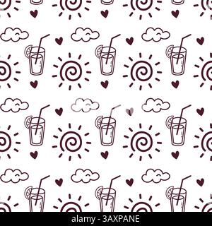 Motivo giocoso e senza cuciture con sole, bevande, nuvole e cuori. Perfetto per le vibrazioni estive e il design tropicale. Ideale per tessuti, imballaggi e. Illustrazione Vettoriale