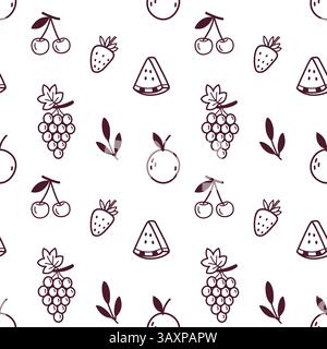 Modello di frutta Doodle senza cuciture con bacche, uva, arancia e anguria Illustrazione Vettoriale