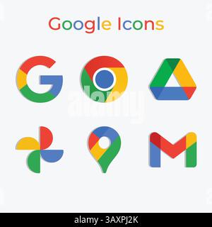 Google tutte le icone, icone ufficiali, sfondo argento, grafica vettoriale Illustrazione Vettoriale