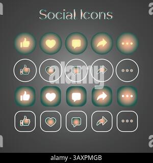 Tema sfumatura verde set di icone generiche dell'interfaccia utente dei social media. Icone mi piace, commento, condivisione e salvataggio. Icona piatta dei social media. Vettore Illustrazione Vettoriale