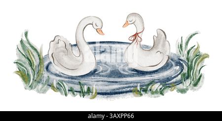 Illustrazione ad acquerello di un paio di cigni che galleggiano su uno stagno sereno. Gli eleganti uccelli simboleggiano l'amore e l'armonia nella natura. Design disegnato a mano per il matrimonio Foto Stock