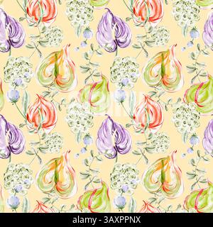 Motivo di acquerello tropicale senza cuciture con vivace Anthurium, fiori esotici e lussureggiante fogliame. Perfetto per la moda e il design tessile Foto Stock