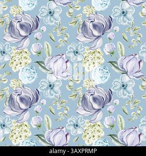 Motivo floreale ad acquerello senza cuciture con rose delicate, gigli e fiori viola. Design botanico disegnato a mano in tonalità viola pastello e blu. Foto Stock