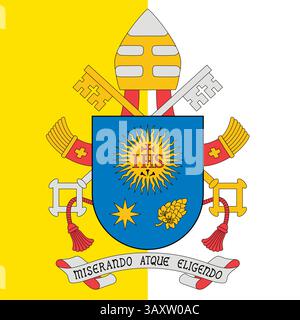 Stemma di Papa Francesco il primo, Vescovo di Roma, 2013-2025, sullo sfondo della bandiera della Santa sede Illustrazione Vettoriale