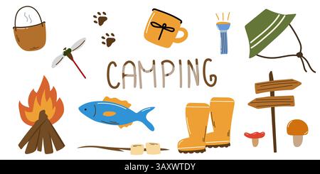 Attrezzature per campeggio e trekking, set di articoli da toeletta. Avventura, kit trekking, strumenti per turisti. T Illustrazione Vettoriale