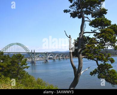 Il ponte ad arco di stile della metà del secolo, noto come Yaquina Bay Bridge, si trova vicino a Newport, Oregon. Il cielo blu si trova sopra la testa. Foto Stock