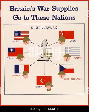 Manifesto di propaganda della seconda guerra mondiale "forniture di guerra della Gran Bretagna Vai a queste carte delle nazioni dell'Inghilterra e delle bandiere degli Stati Uniti, degli Stati Uniti, della Cina, della Grecia, della Francia, Cecoslovacchia e Turchia. Sopra si legge "in regime di mutuo soccorso" 1939-1945 Foto Stock