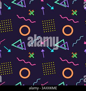 Vivace motivo senza cuciture in stile Memphis con forme geometriche astratte e colorate, frecce e linee ondulate su sfondo blu scuro. Perfetto per Illustrazione Vettoriale