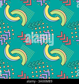 Motivo senza cuciture in stile Memphis con forme astratte colorate, tra cui archi, frecce, cerchi, punti, e quadrati su sfondo turchese. PE Illustrazione Vettoriale