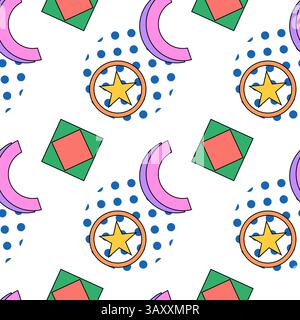 Vivace motivo senza cuciture in stile Memphis con forme geometriche astratte e colorate, tra cui stelle, archi e accenti punteggiati. Perfetto per i tessuti Illustrazione Vettoriale