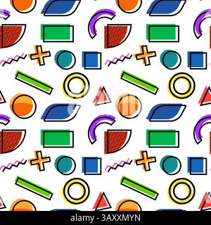 Forme geometriche vibranti in un motivo astratto senza cuciture in stile Memphis con cerchi, rettangoli e linee su sfondo bianco. Perfetto per t Illustrazione Vettoriale