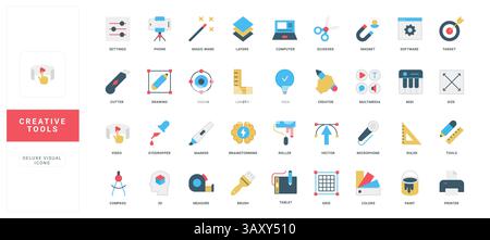 Strumenti creativi per la progettazione grafica, controllo delle impostazioni del software di progettazione, set di icone dei filtri a colori. Creazione di opere d'arte digitali con bacchetta magica e tablet con stilo, illustrazione vettoriale piatta con pennello Illustrazione Vettoriale