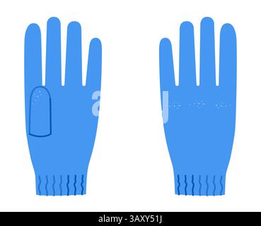 Guanti in lana a maglia corta cartoni animati blu accessori moda indumenti per illustrazione tecnica. Vista vettoriale sul palmo posteriore per uomo e donna, modello piatto unisex, contorno schizzo mockup Illustrazione Vettoriale