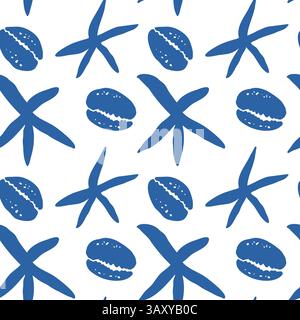 Guscio di cowrie blu e motivo a stelle marine su sfondo bianco pieno di stile per decorazioni estive sull'oceano tropicale Illustrazione Vettoriale