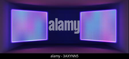 Schermi a LED con luce blu e viola, sequenza di pixel tratteggiata su display digitale illuminato. Texture color neon a mezzitoni per lo sfondo del palco di concerti, decorazioni interne per night club o video wall Illustrazione Vettoriale