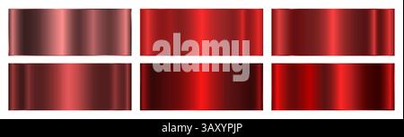 Una serie di sei sfumature metalliche rosse su sfondo nero. Una collezione di sfumature metalliche lucide. Illustrazione Vettoriale