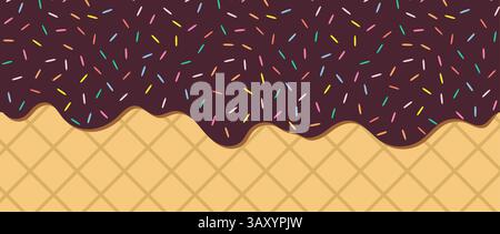 Semplice motivo a goccia. Bordo ondulato marrone cioccolato con spruzzette colorate. Gelato alla fragola fuso sul wafer. Illustrazione vettoriale Illustrazione Vettoriale