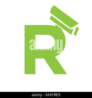 Lettera iniziale R icona telecamera di sicurezza, modello vettore simbolo CC tv Illustrazione Vettoriale