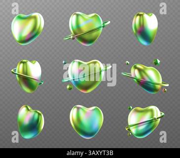 Forme cardiache cromate verdi su sfondo trasparente. Simbolo di San Valentino con sfumatura metallizzata lucida da da varie angolazioni. Icona dell'amore olografica colorata lucida, elemento di design 3d romantico e iridescente Illustrazione Vettoriale