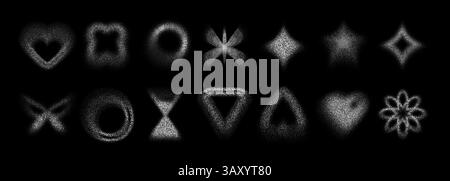 Set di icone tratteggiate a forma di rumore y2k: Cuore e farfalla, cerchi e triangoli, stelle e clessidra. Spruzzi di sabbia granuloso granuloso granuloso polveroso le texture a stilo formano elementi astratti sfocati. Illustrazione Vettoriale