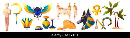 Set di simboli in pietra dell'antico Egitto: Scarabeo alato, fiore di loto, croce ankh, testa Anubis. Rotolo geroglifico e rocce, vaso e mummia. Icona decorativa colorata per lo storico design del museo. Illustrazione Vettoriale