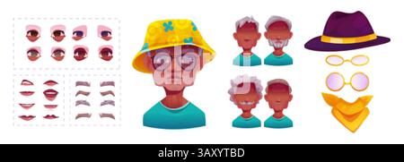 Kit costruttore Grandfather Face. Cartoni animati per la creazione di personaggi per anziani con caratteristiche facciali - occhi e labbra, capelli e accessori. Elementi per creare un avatar del nonno personalizzato con emozioni diverse. Illustrazione Vettoriale