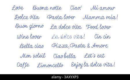 Set di scritte disegnate a mano dolce vita. Set di lettere blu mediterraneo vettoriale di dolce vita, amore, buena notte, ciao. Citazioni disegnate a mano isolate su Illustrazione Vettoriale
