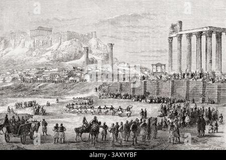 Celebra la festa della Quaresima, il tempio di Zeus Olimpio, noto anche come Olympieion o colonne dello Zeus Olimpio, Atene, Grecia, XIX secolo. Da Un inverno ad Atene di A. Proust, 1857-1858. Apparso in le Tour du Monde, pubblicato nel 1862. Foto Stock
