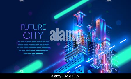 Città futura di notte con luci al neon in stile cyberpunk. Futuristica illustrazione fantascientifica del paesaggio urbano di notte. vista dei grattacieli dal basso verso il basso Illustrazione Vettoriale