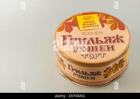 03.24.25 Leopoli Ucraina Una teglia rotonda splendidamente progettata presenta una torta al cioccolato prodotta da una nota azienda Ucraina. I colori vibranti e io Foto Stock