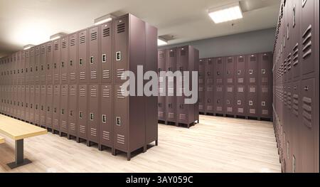 File di armadietti in uno spogliatoio vuoto 3d nessuno Foto Stock