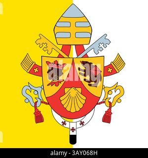 Stemma di Papa Benedetto XVI, Vescovo di Roma, 2005-2013, sullo sfondo della bandiera della Santa sede Illustrazione Vettoriale