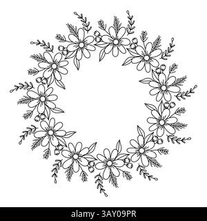 Illustrazione vettoriale di una corona circolare fatta di fiori e foglie astratte, disegnata con linee nere su sfondo bianco. Illustrazione Vettoriale