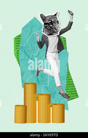 Fai un collage surreale di persona con la faccia di gatto fai da te su sfondo verde Foto Stock