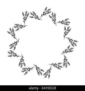 Doodle ha isolato una corona circolare fatta di fiori astratti e foglie su sfondo bianco. Illustrazione Vettoriale