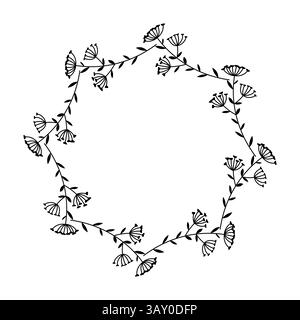 Doodle ha isolato una corona circolare fatta di piante astratte su sfondo bianco. Illustrazione Vettoriale