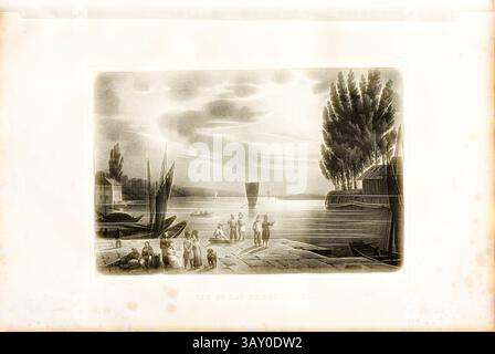 Una tranquilla scena sul lago con barche sull'acqua, con un gruppo di personaggi impegnati in varie attività lungo la riva. Alberi alti incorniciano lo sfondo, mentre una barca a vela lontana scivola attraverso il lago sotto un cielo nuvoloso., View of Lake Neuchâtel, View Lake Neuchâtel, N. 3, dopo P. 10, p. 21, Pingret, Edouard; Adam V.; Langlumé (lith.), Hilaire Sazerac: un mois en Suisse ou souvenirs d'un voyageur. Parigi: Sazerac & Duval, 1825, arte classica con un tocco moderno reinventata da Artotop Foto Stock