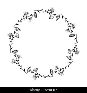 Doodle ha isolato una corona circolare fatta di piante astratte su sfondo bianco. Illustrazione vettoriale Illustrazione Vettoriale