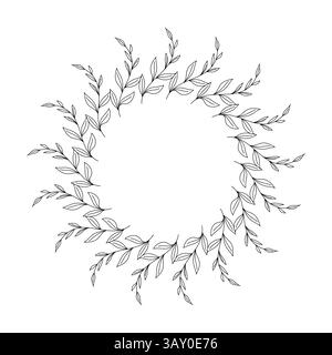 Doodle ha isolato una corona circolare fatta di rami astratti di piante con foglie su sfondo bianco. Illustrazione Vettoriale