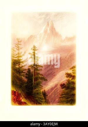 Un paesaggio tranquillo caratterizzato da montagne maestose sullo sfondo, parzialmente ricoperte di nebbia, e fitti alberi sempreverdi in primo piano, che creano un'atmosfera serena ed eterea. Le Aiguilles Vertes e du Dru, da vicino Cahmouni, Aiguille verte e Aiguille du Dru nel massiccio di Montblanc, Fig. 19, p. 8, Walton, Elijah (pinx.); Lowes, J. H. (chromolith. After Elijah Walton), 1867, Elijah Walton; J. H. Lowes; Thomas G. Bonney: le vette e le valli delle Alpi. Londra: Pubblicato da Day and Son, Limited, 1867, arte classica con un tocco moderno reinventata da Artotop Foto Stock