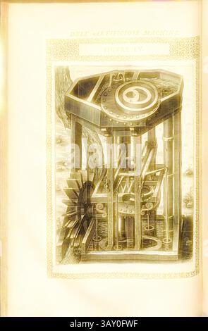 Un intricato dispositivo meccanico con ingranaggi, una grande ruota e una base ornata, situato in mezzo a un paesaggio naturale. Le incisioni dettagliate evidenziano il suo design elaborato e la maestria ingegneristica., Pumpe (47), pompa idraulica, incisione su lastre di rame, fig. LV, dopo P. 85, 1588, Agostino Ramelli: Le diverse et artificiose machine del capitano Agostino Ramelli (...). A Parigi: In Casa dell'autore, 1588, arte classica con un tocco moderno reinventata da Artotop Foto Stock