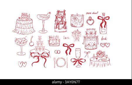 Affascinante collezione di fantasia disegnata a mano per le feste. Illustrazioni di nozze Illustrazione Vettoriale
