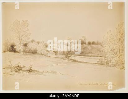 Un tranquillo paesaggio caratterizzato da un fiume che scorre dolcemente, alberi lussureggianti e una vista lontana di un castello situato in cima a una collina, con un ponte ad arco che attraversa graziosamente l'acqua. La scena evoca un senso di tranquillità e nostalgia., John W. Casilear, americano, 1811-1893, Castello di Warwick, 16 settembre 1841, 1841, grafite su carta, Foglio: 20,2 x 28,1 cm (7 15/16 x 11 1/16 pollici), arte classica con un tocco moderno reinventata da Artotop Foto Stock