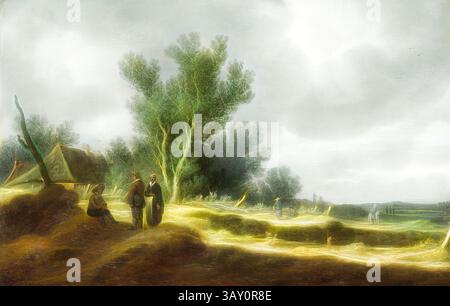 Un paesaggio tranquillo caratterizzato da una scena rurale con tre figure, circondato da alberi lussureggianti e dolci colline, sotto un cielo morbido e coperto. L'atmosfera evoca un senso di calma e tranquillità, mettendo in risalto il legame tra le persone e la natura., Pieter de Neyn, olandese, 1597-1639, Dune Landscape, 1631, olio su pannello in rovere, 3/4 x 1/8 poll. (37,5 x 56,2 cm), arte classica con un tocco moderno reinventata da Artotop Foto Stock