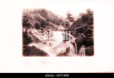 Un tranquillo paesaggio caratterizzato da un ruscello d'acqua che precipita su rocce aspre, circondato da alti alberi sempreverdi e montagne lontane, che creano un senso di tranquillità e bellezza naturale., Torrent Avers, Ferrera Valley, cascata di Avers, firmato: Ed., Pingret (del.), PL. 19, p. 97, Pingret, Édouard (del.), 1826, Vicomte de Senonnes; Edouard Pingret: Promenade sur le Lac de Wallenstadt et dans le Pays des Grisons. Parigi: Didot, 1827 anni, arte classica con un tocco moderno reinventata da Artotop Foto Stock
