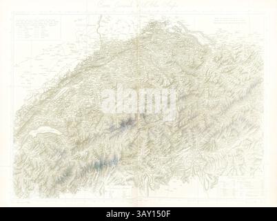 Una mappa topografica dettagliata che mostra il terreno montuoso e le caratteristiche geografiche, con nomi di località annotati e linee di elevazione che indicano cambiamenti nel paesaggio., General MAP of the Swiss Atlas, Map of the whole of Switzerland, firmato: J. H. Weiss, Guerin et Scheuerman;, Weiss, Johann Heinrich (levé et dessiné); Guérin. Christophe (gravé); Scheuermann, Johann Jakob (gravé), 1796, Meyer, Johann Rudolf; Weiss, Johann Heinrich; arte classica con un tocco moderno reinventata da Artotop Foto Stock