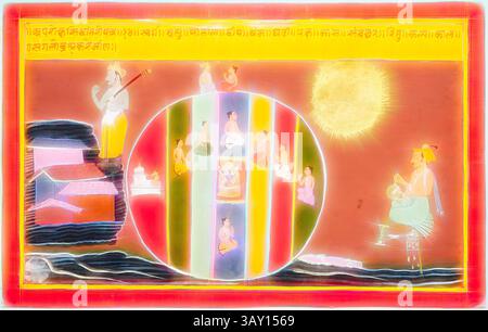 Una scena intricata raffigura varie figure impegnate nella meditazione e nelle pratiche spirituali, circondate da colori e simboli vivaci, con un sole radioso che illumina la composizione. Architettura tradizionale e paesaggi sereni offrono uno sfondo armonioso all'atmosfera serena., sconosciuto (indiano), culto delle divinità indù (1 di 18), metà XVII/fine XVII secolo, Gouache e doratura su carta, immagine: 8 5/8 x 15 pollici, arte classica con un tocco moderno reimmaginato da Artotop Foto Stock