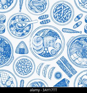 Cucina giapponese Vector Seamless Pattern. Piatti asiatici, sfondo disegnato a mano. Illustrazione del cibo tradizionale giapponese retrò. Illustrazione Vettoriale