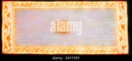 Un antico manoscritto presenta testo intricato e delicati bordi decorati con motivi floreali, che evidenziano il significato culturale e l'artigianato artistico., sconosciuto (indiano), Kalpa Sutra, XVI secolo, arte classica con un tocco moderno reinventato da Artotop Foto Stock